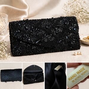 Vintage Hand Beaded Black Clutch Hong Kong Evening Bag Formal Cocktail